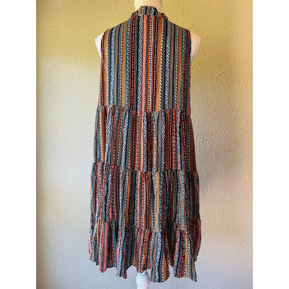 Easel Los Angeles Tiered Mini Dress Womens M Boho Rayon Tribal Print Pockets - Picture 3 of 9